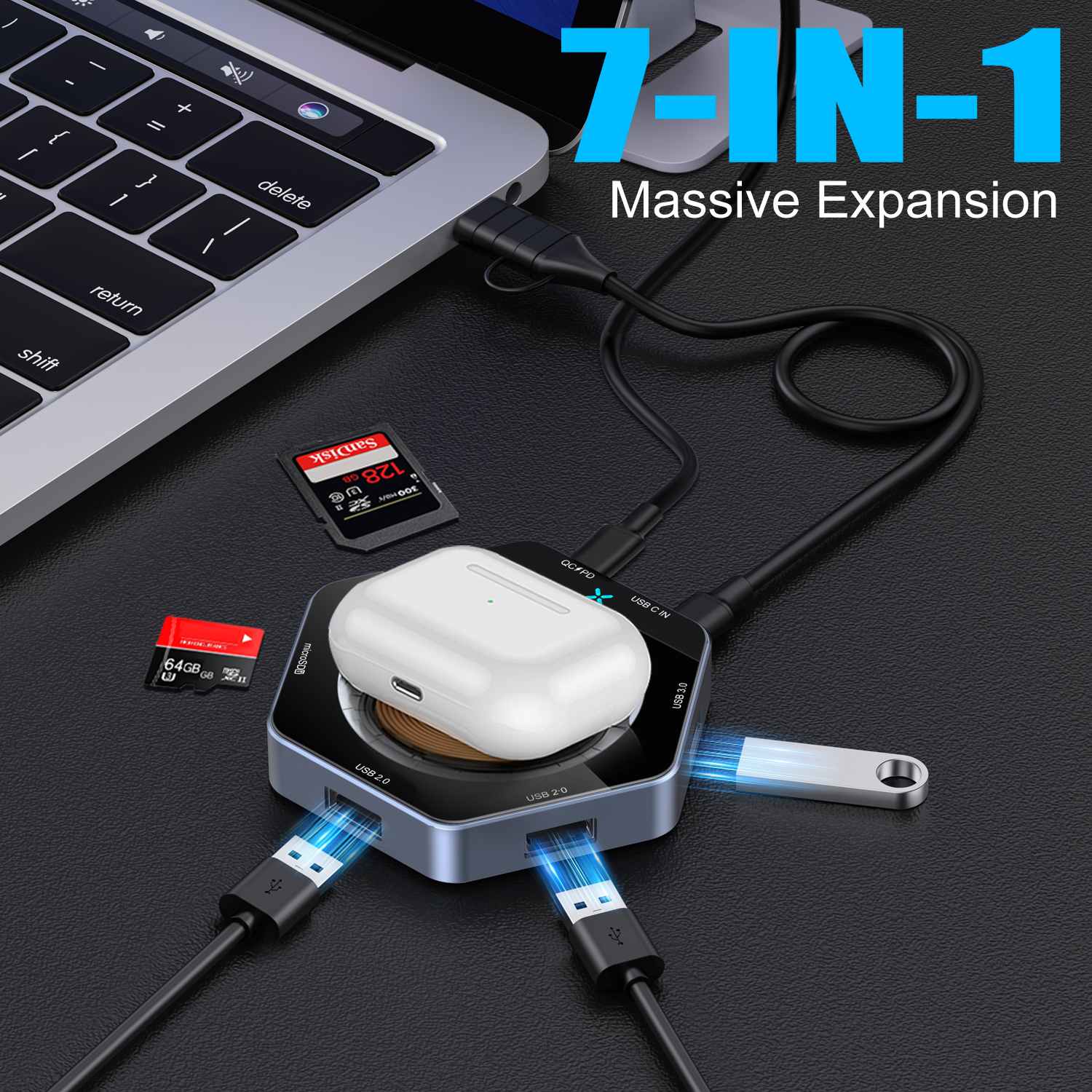 15 W rýchle nabíjanie 7 IN1 USB HUB Dock Wireless Nabíjačka